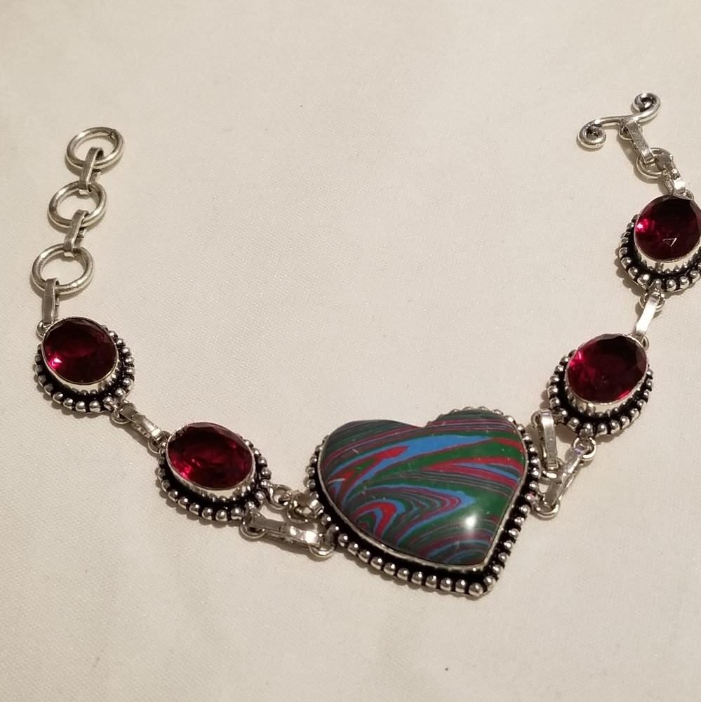 🌺*Vintage Rainbow Heart Casilica Silver Bracelet